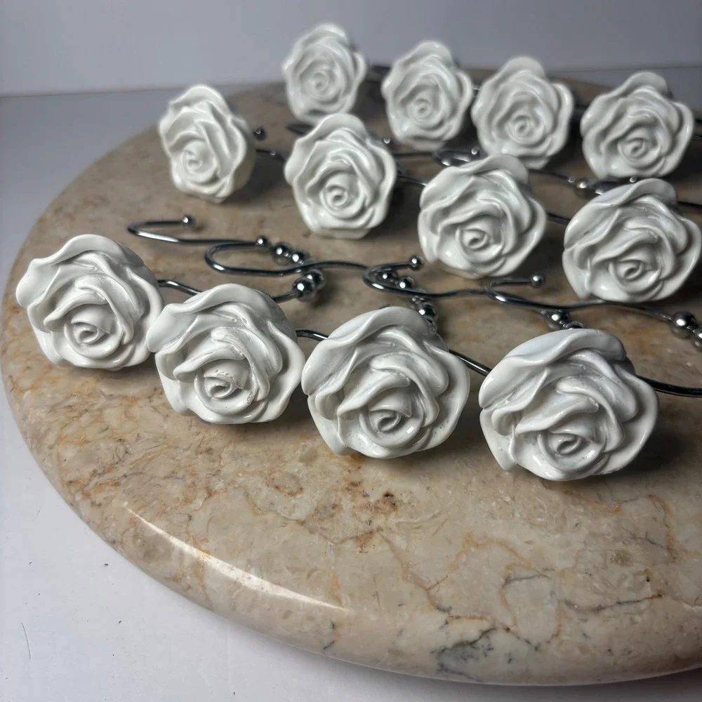 UO Rose Icon Shower Curtain Hooks Set of 12‎ White 3D Rose Flower Shabby Chic